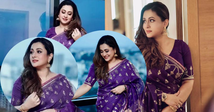 বেগুনি শাড়িতে হাসিমাখা পূর্ণিমা, সামাজিক মাধ্যমে ছড়াল মুগ্ধতা